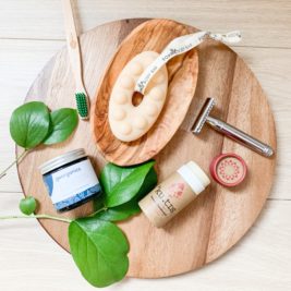 Flatlay of products sold by The Ecologik intertwined with leaves